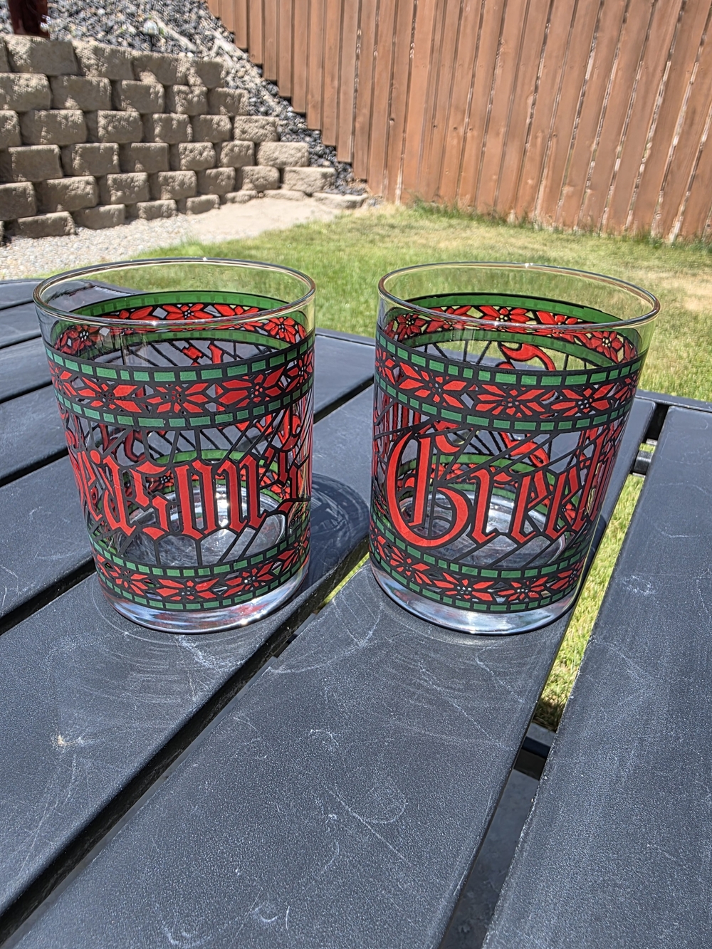 Vintage Houze Season's Greetings Rocks Glasses Set 2 Stained Glass Christmas